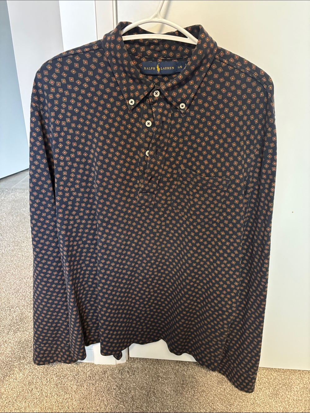 Ralph Lauren Navy Button-Down Long-Sleeve Shirt with Orange Geometric Print